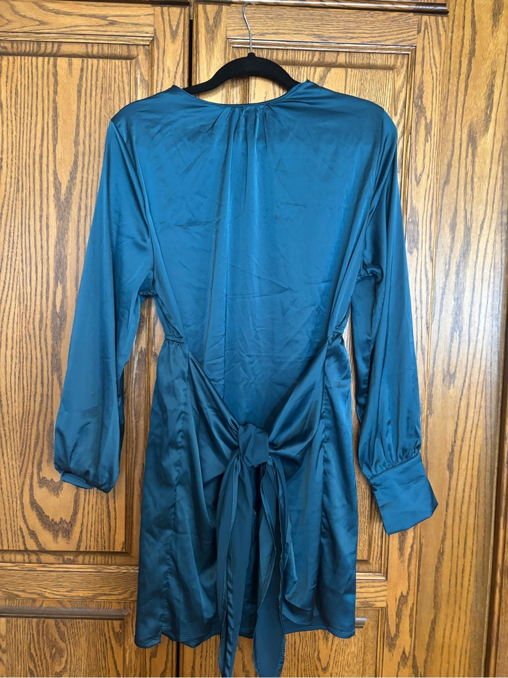 Long Sleeve Teal Satin Tie-front Dress - Women medium